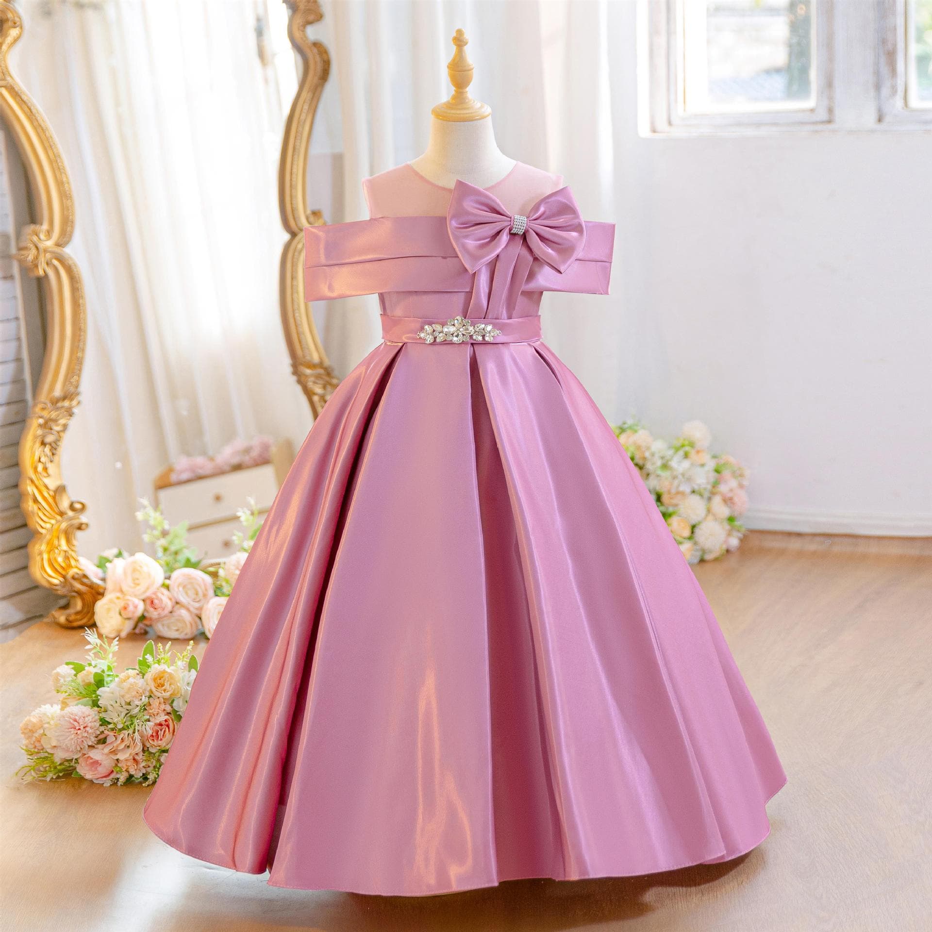 Children's Satin Dress with Bow, Birthday Princess Dress for Girls, Piano Performance Gown for Hosting, Cross-Border