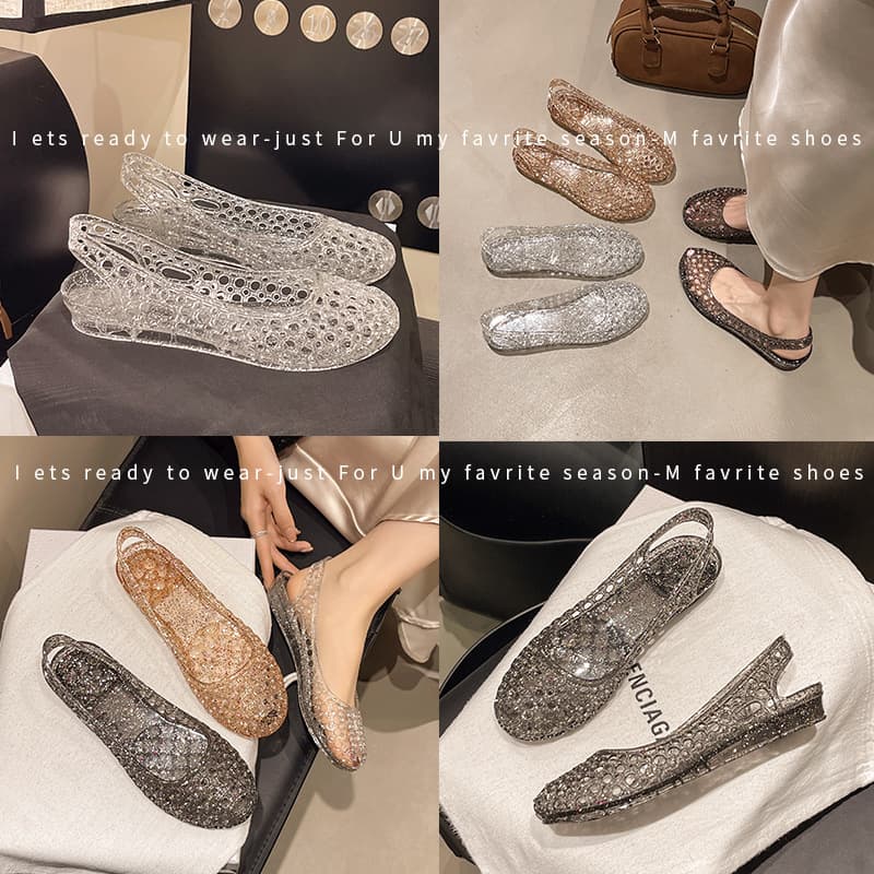 Fashionable New Transparent Women's Sandals Summer Elegant Women's Flat Shoes with Toe Cap and Hollow Design Light Luxury Women's Shoes