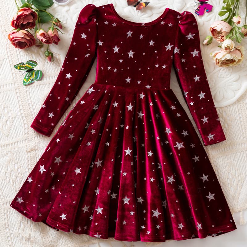 2025 Cross-border Children's Dress Long Sleeve Pattern A-line Skirt Girl Christmas Party Princess Dress Performance Costume