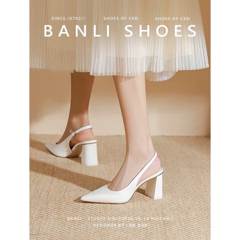 Pointed-Toe High Heel Shoes for Women, Chunky Heel 2025 Spring/Summer New Retro Style Closed-Toe Sandals, Shallow Mouth Flats
