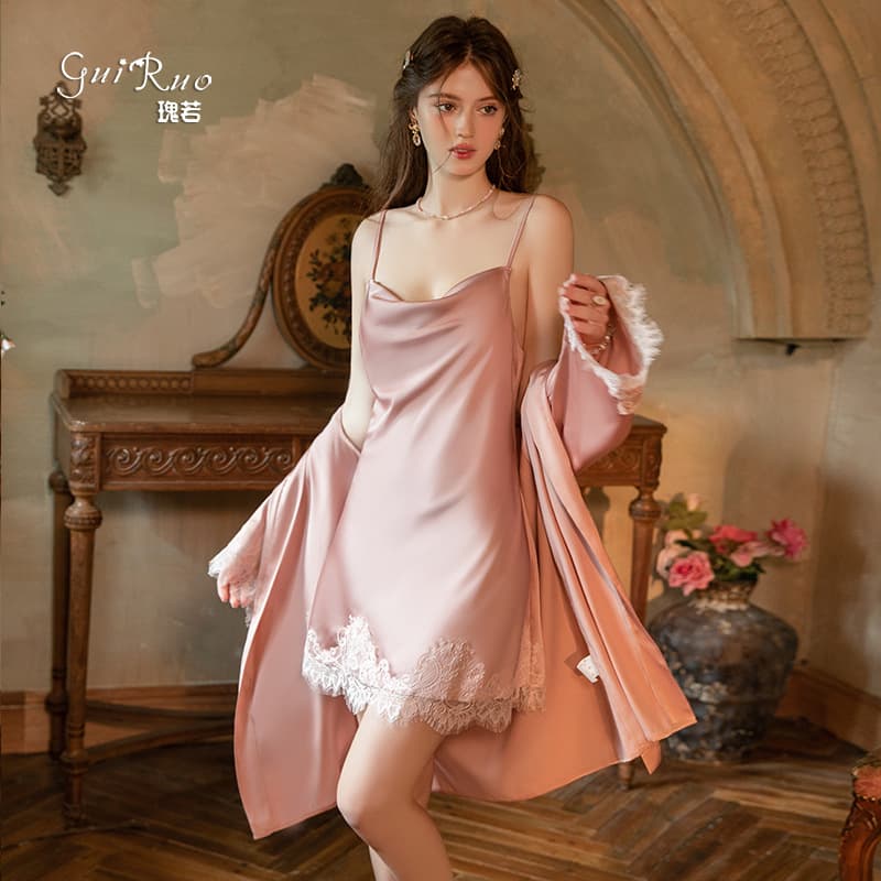 Sensual Silky Satin Lace Deep V Draped Neckline Push-Up Padded Chemise with Robe Women's Loungewear Set 6536