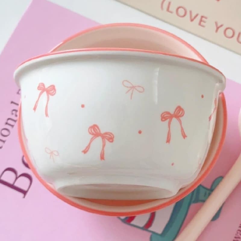 High-temperature underglaze ceramic bowl, cute girly ceramic bowl, household cute dessert bowl with spoon, pink cute bowl