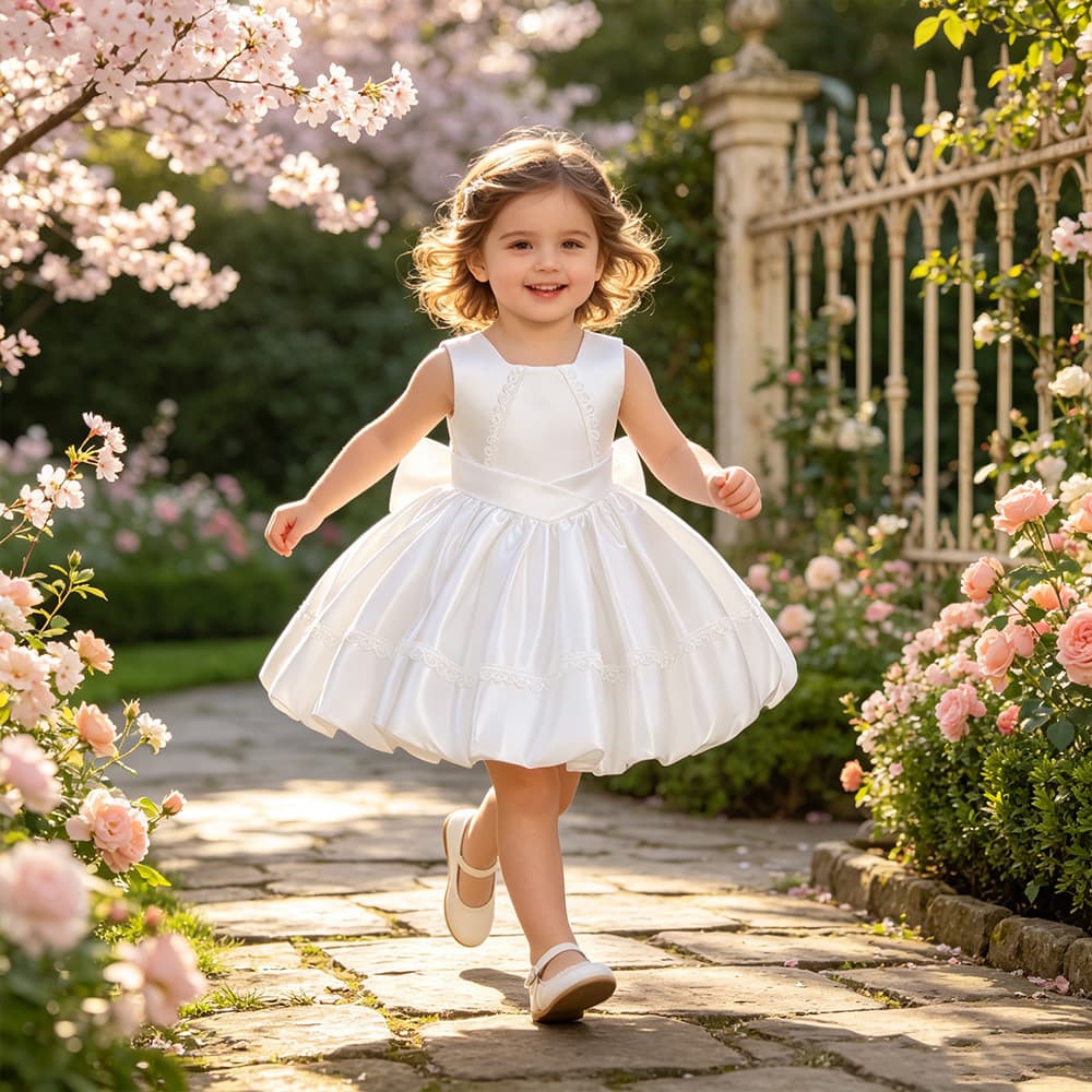 Kids Dress INS Cross-Border Minimalist Lace White Satin Baby 1st Birthday 100 Days Photo Shoot Flower Bud Princess Dress