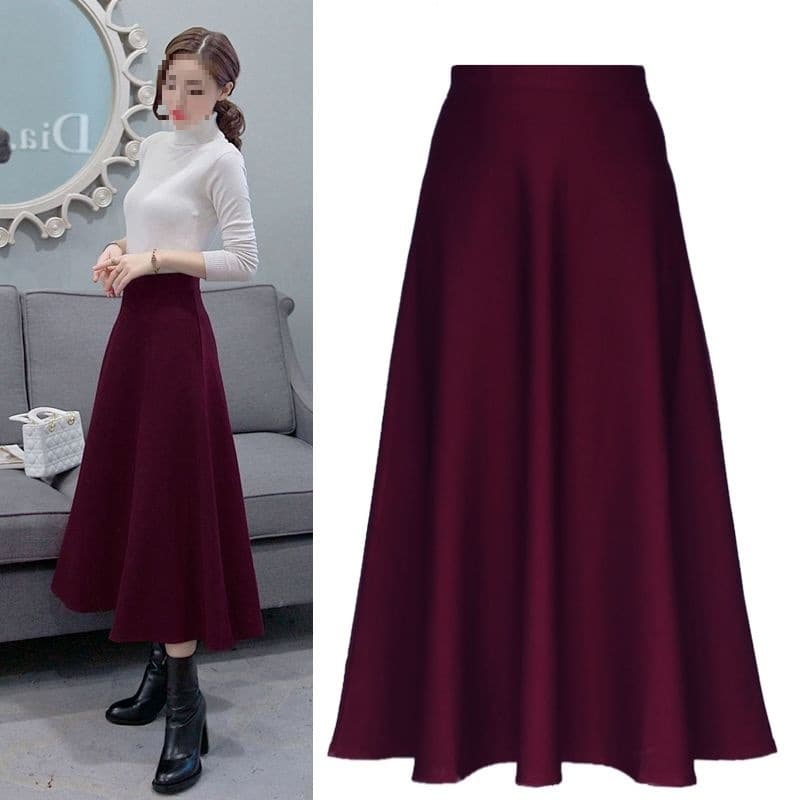 High-waisted, slimming, long, plus-size midi skirt suitable for all seasons, perfect for winter and autumn/winter.
