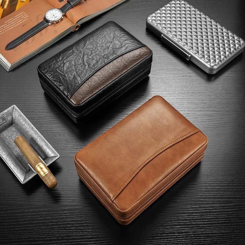 Kelong portable cigar humidor zipper leather cedar wood 6-pack portable cigar humidor
