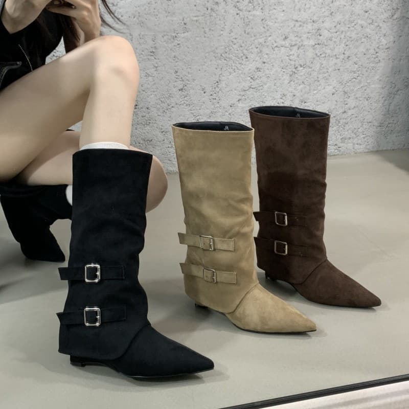 2025 New Style Pointed-Toe High Boots, Suede Pleated Long Boots, Over-The-Knee Boots with Belt Buckle Design, Women's Cowboy Boots