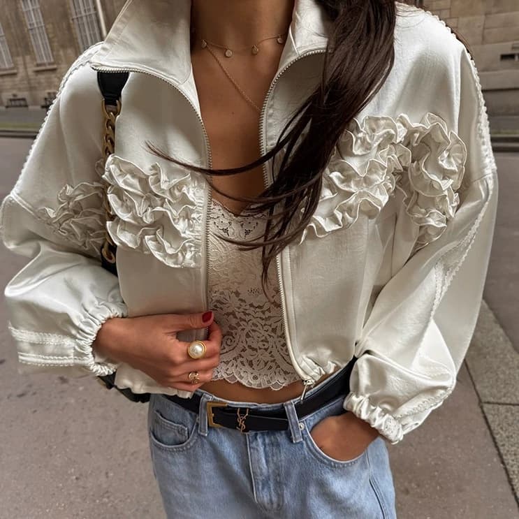 Cross-border 2026 Fall New Arrival Korean Ins Style Fashionable Ruffled Lace Zipper Drawstring Jacket Top for Women