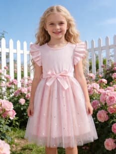Export Girls' Light Purple Ribbed Flutter Sleeve Gradient Star Mesh Skirt Summer Kids' Butterfly Princess Dress Trendy
