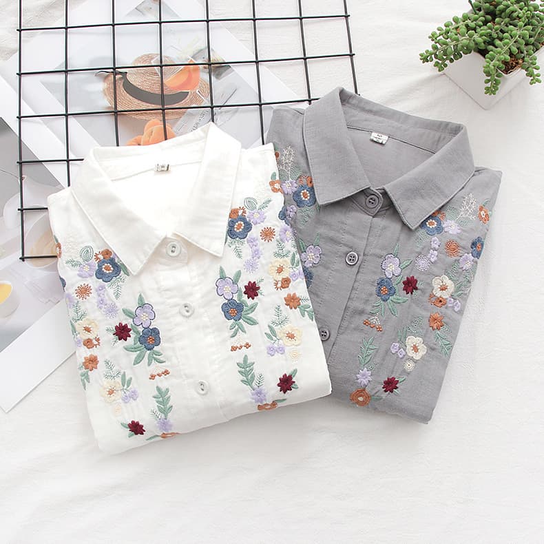 2024 Autumn New Arrival Japanese Fresh Style Slimming Double-Layer Gauze Embroidered Layering Long-Sleeve Shirt for Women Cotton Gauze Top
