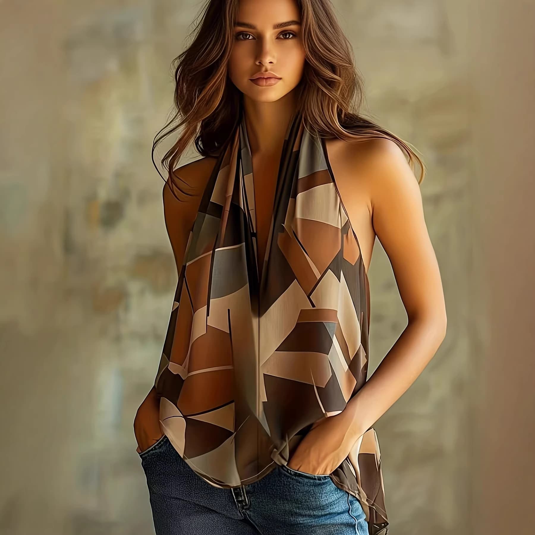 2026 halter neck off-shoulder geometric color block printed top, thin and elegant suspender style, brown, gray and beige contrasting design