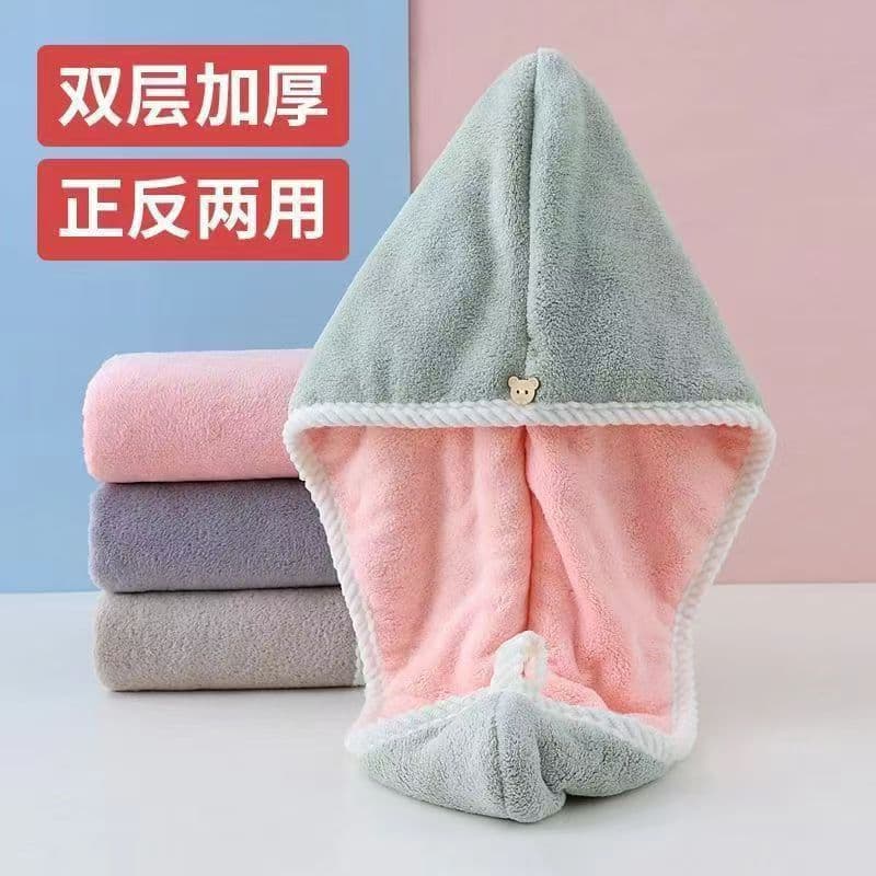 Super Absorbent Quick-Dry Coral Fleece Double-Layer Thickened Cute Bath Cap, Hair Drying Cap for Adults & Kids, Edged Towel