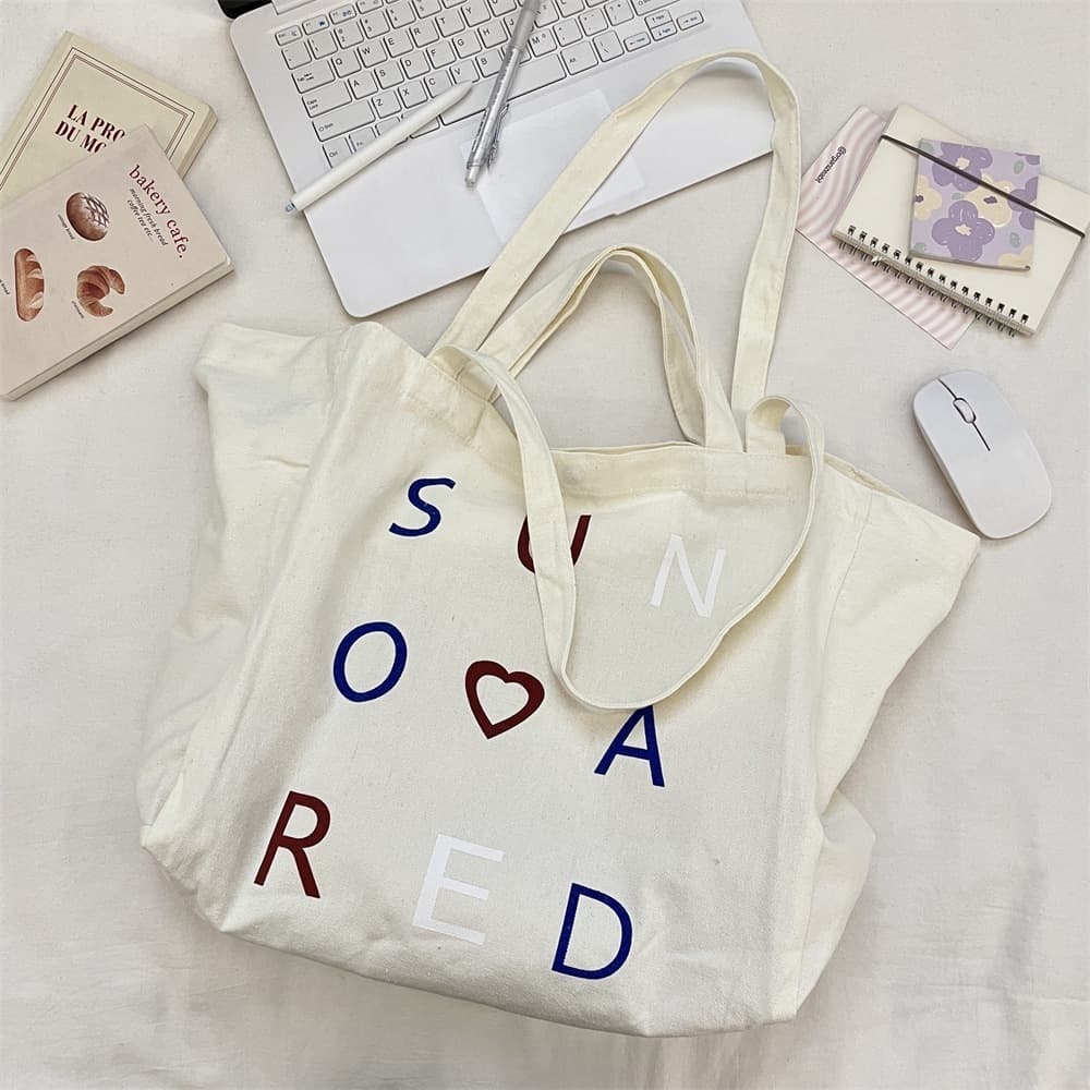 03295 Korean-style Printed Casual Canvas Bag, Cute Girl Handbag, Simple Student Large-Capacity Shoulder Bag
