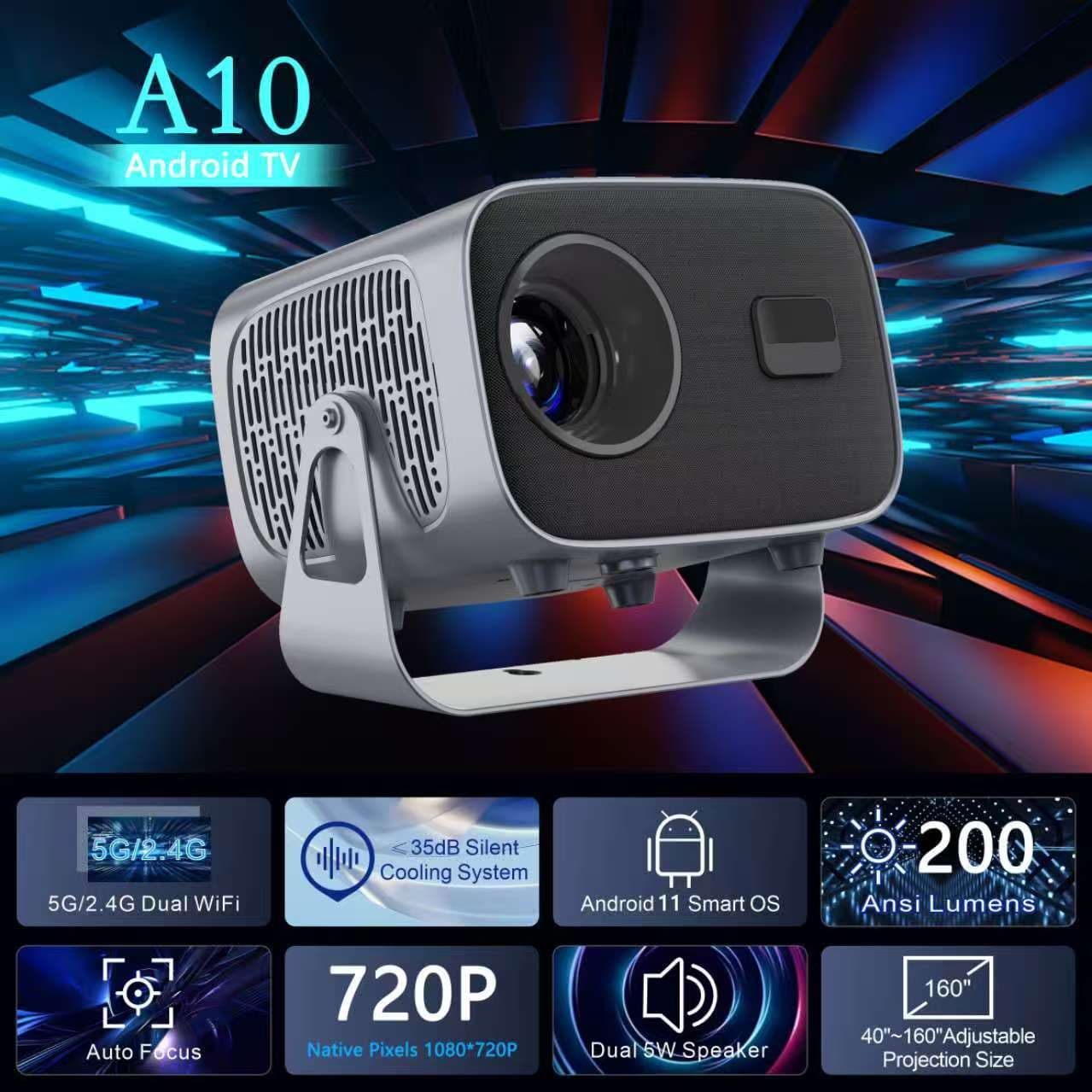 PTZ A10 Android version projector, small high-definition home smart portable 720P home theater projector.