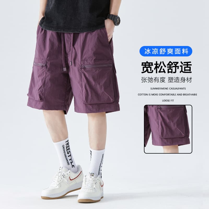 Summer American Retro Workwear Shorts for Men, Loose Multi-Pocket Hemmed Casual Five-Point Shorts Beach Shorts