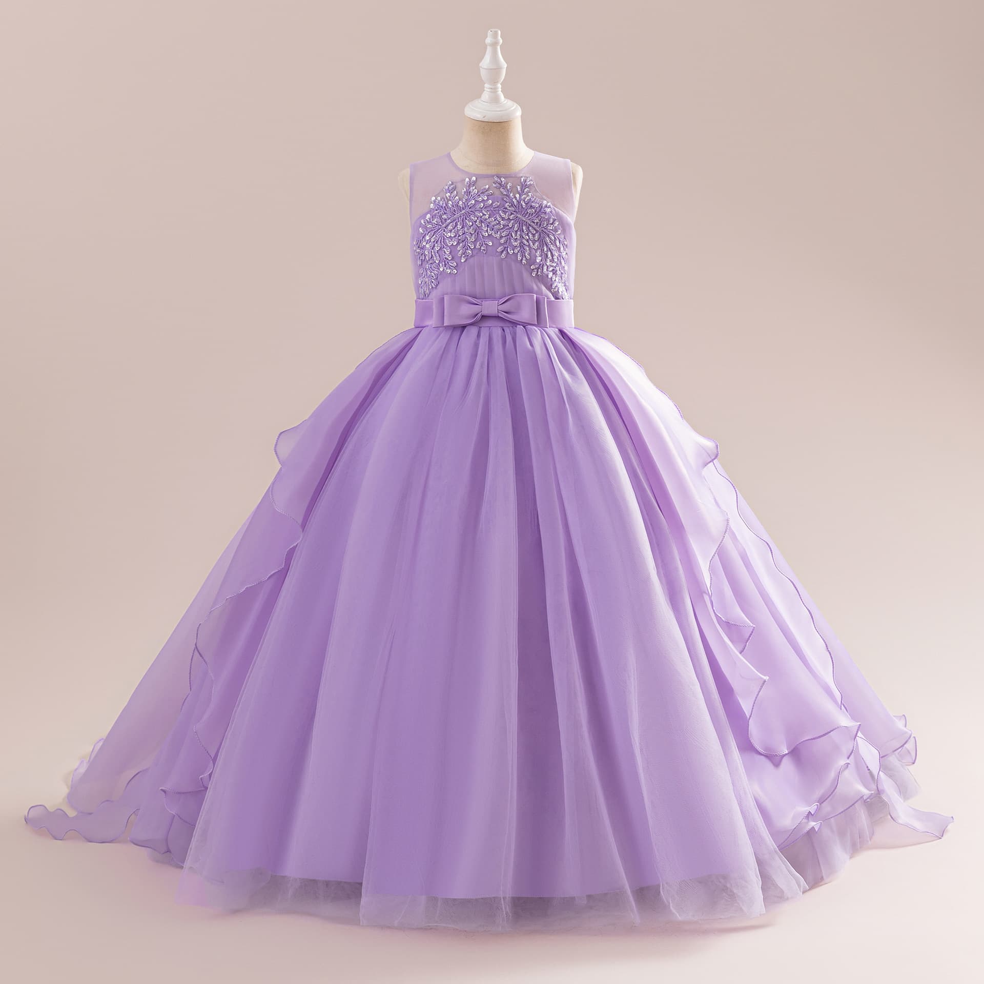 Elegant Embroidered Glass Lace Tails Skirt for Older Children Princess Style Sweet Cotton Blend Dress Suitable for Piano Performances