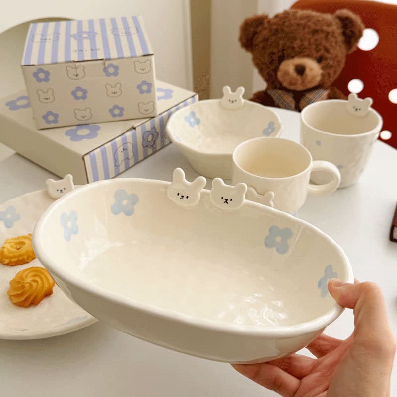 Emotional Bear & Rabbit Underglaze Color Internet-Famous Tableware Set: Cute Fruit Plate, Dessert Bowl, Plate, Breakfast Bowl & Plate Set