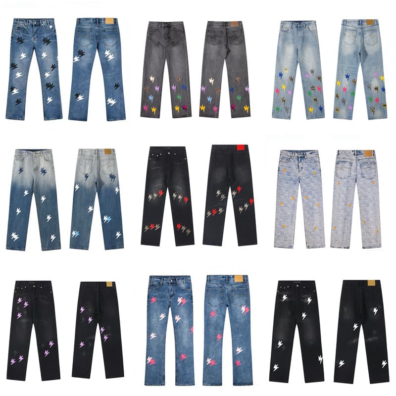 26SS Cross-border High Quality Amex New Lightning Bull Embroidered Straight Leg Jeans American High Street Casual Pants for Men and Women