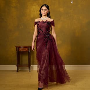 Foreign Trade Wine Red Black Off-Shoulder High-Quality Elegant Hostess Performance Gown for Annual Meeting LA73010
