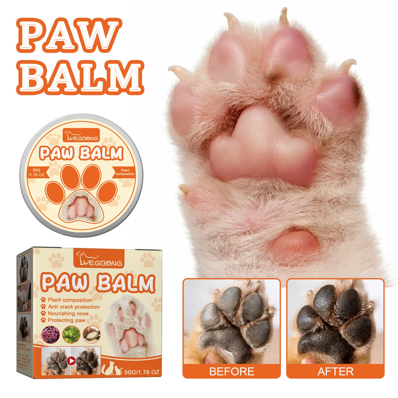 YEGBONG Pet Moisturizing Paw Balm, Anti-Cracking Moisturizing Foot and Paw Pad Care for Dogs and Cats