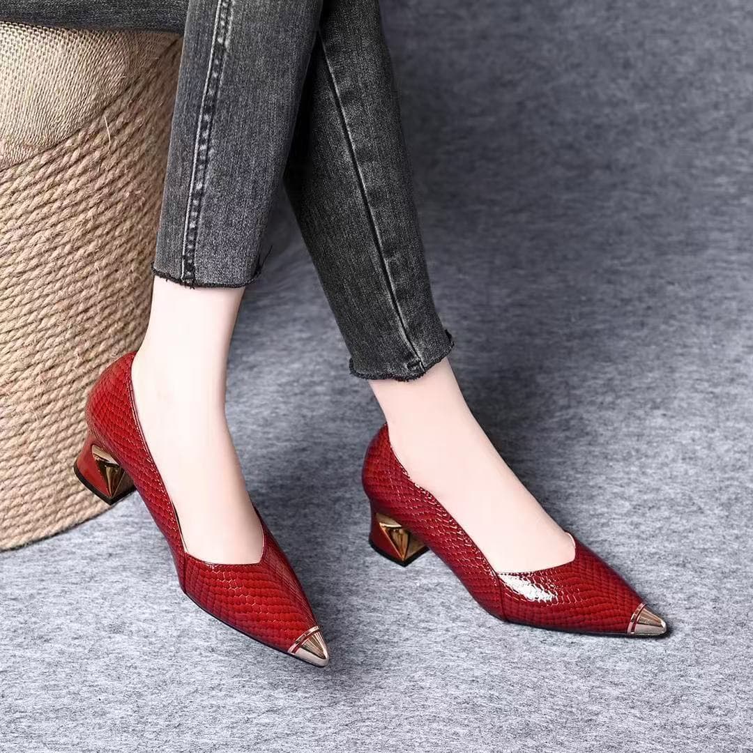 Cross-border French High Heels Women 2025 New Pointed Toe Chunky Heel Low-cut Elegant Socialite Style Metal Toe Single Shoes
