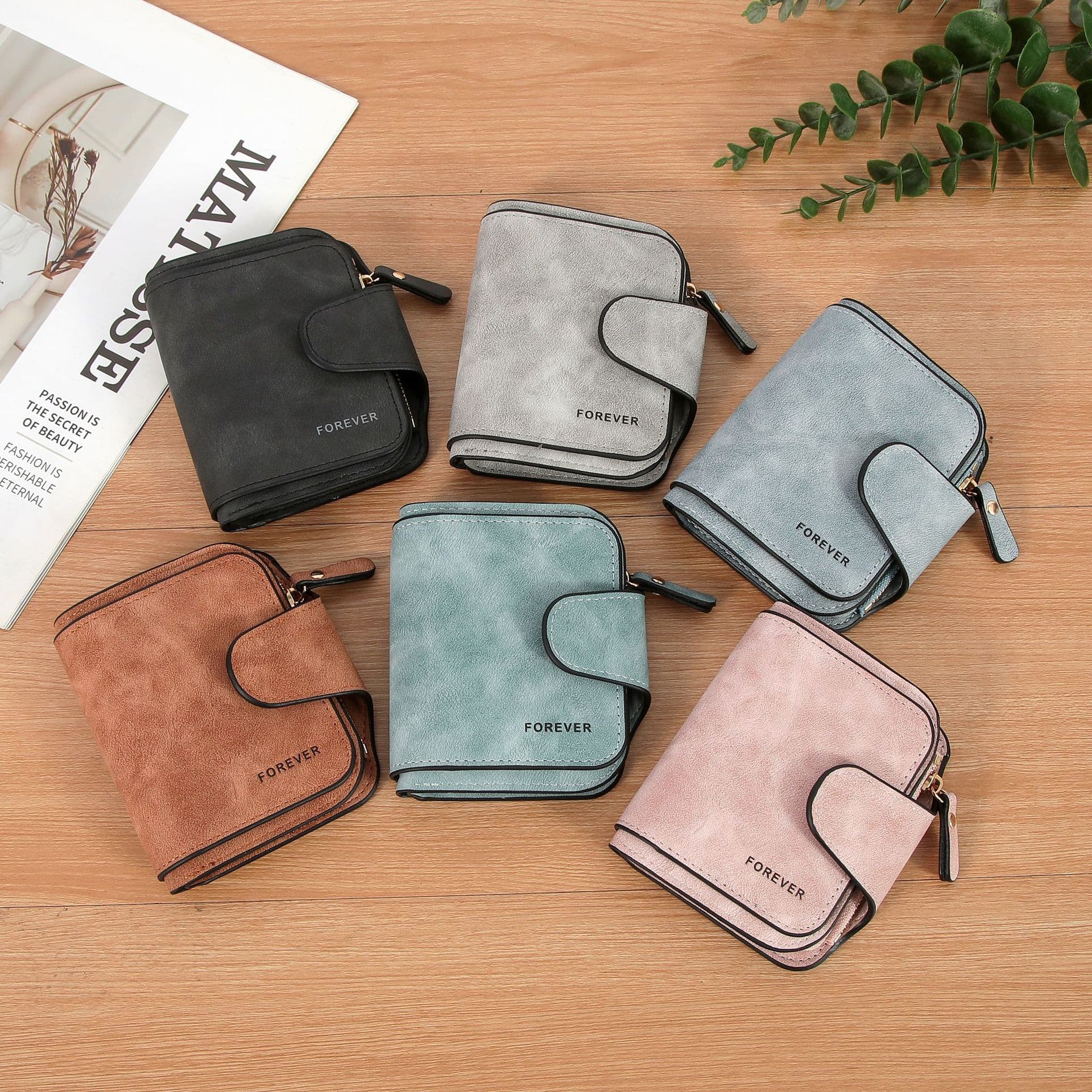 Retro Frosted Leather Women's Wallet Short Multi-Card Slot Coin Purse Buckle PU Leather Student Small Handbag Neutral Minimalist