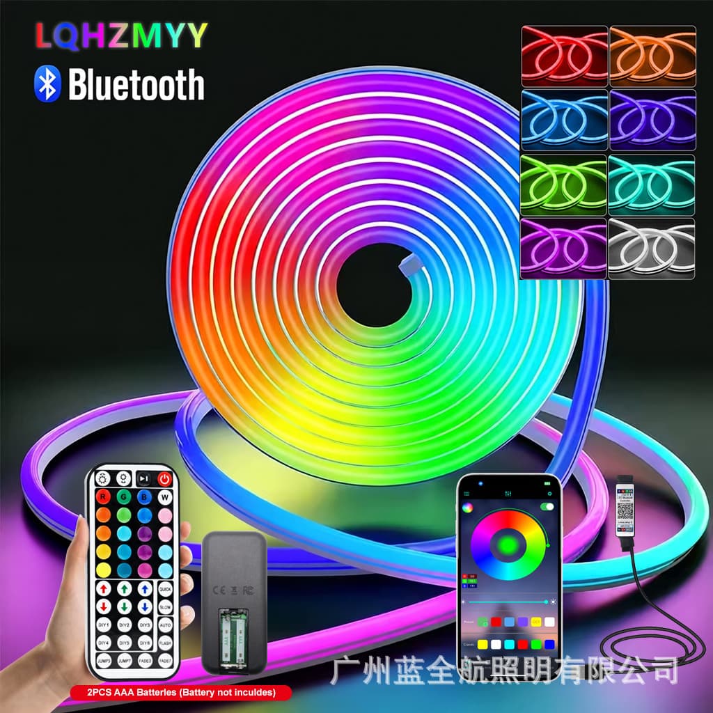AAA Battery RGB Neon Light Strip Cross-border LED Flexible Silicone Neon Strip with 24-Key Control, Bluetooth APP Control