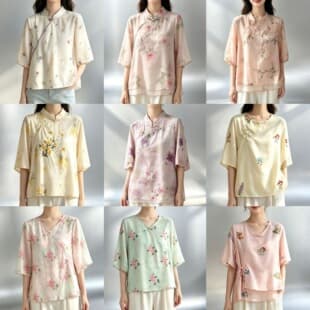 Thirteen Lines Summer New Style Stand Collar Slant Placket Printed Tencel Lightweight Elegant Blouse Women Half Sleeve Literary Top Wholesale