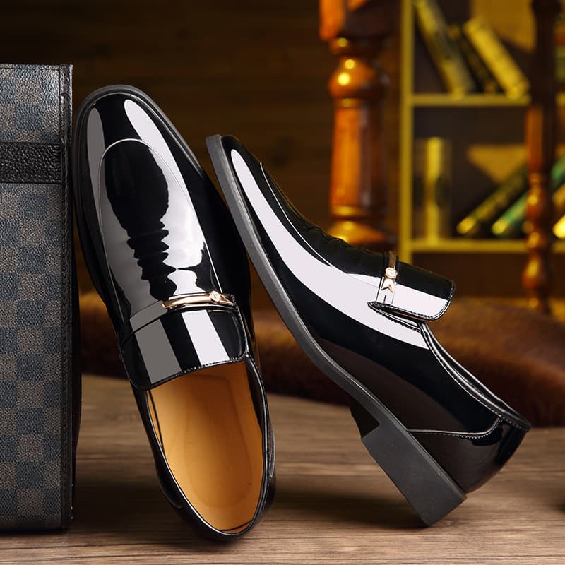 Men's Patent Leather Business Dress Shoes, British Pointed-Toe Slip-On Loafers with Hollow Cutout Design