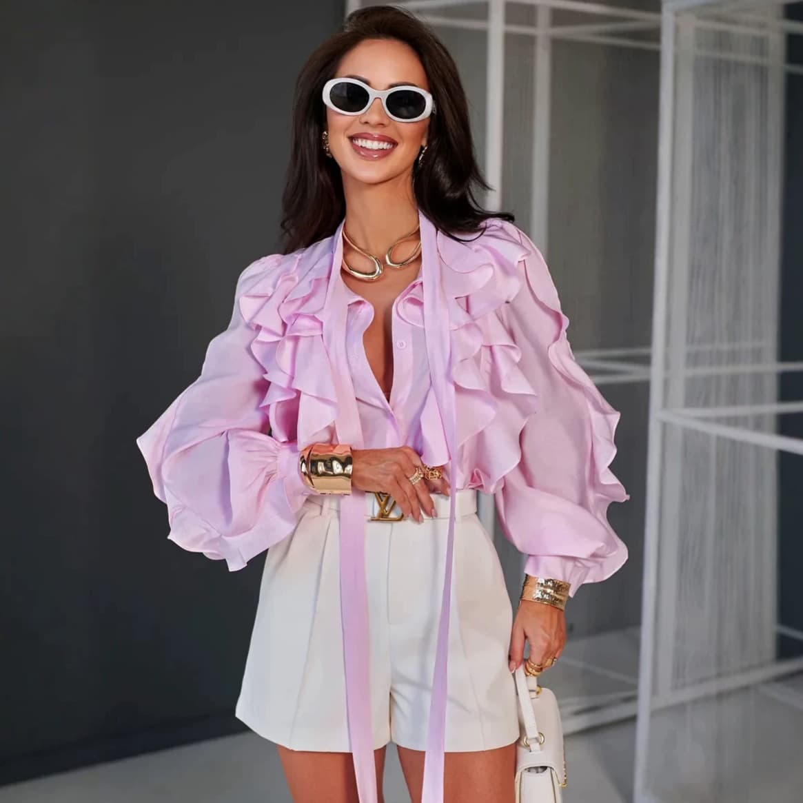 2026 Autumn New Cross-Border European and American French Romantic Solid Color Ruffle Tie Long Sleeve Loose High-End Blouse