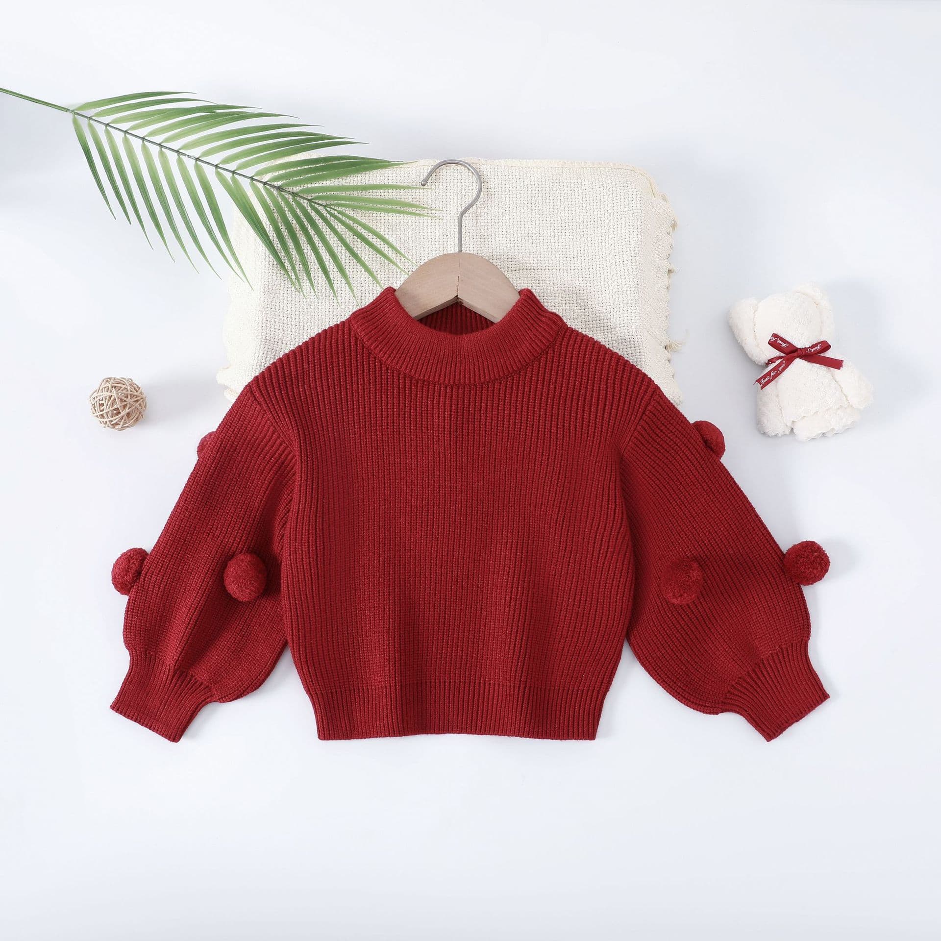 Autumn/Winter Knit Sweater for Girls, Long Sleeve Base Layer with Ball Trim, Stretchy and Warm