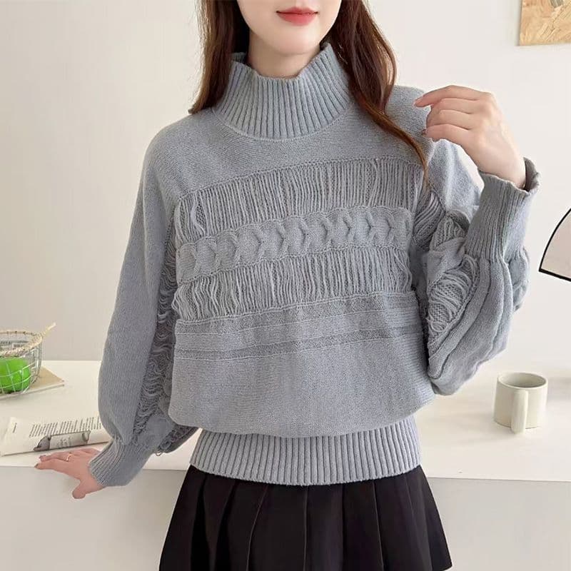 Vintage High-Neck Loose Top for Women, Premium Long-Sleeve Sweater, Korean-Style Cozy Knitwear for Spring