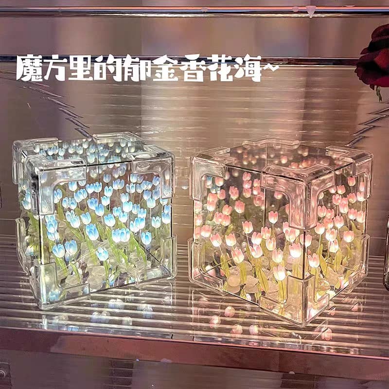 Creative Cube 3D Mirror Tulip Flower Sea Night Light DIY Craft Decorative Ornament Small Gift