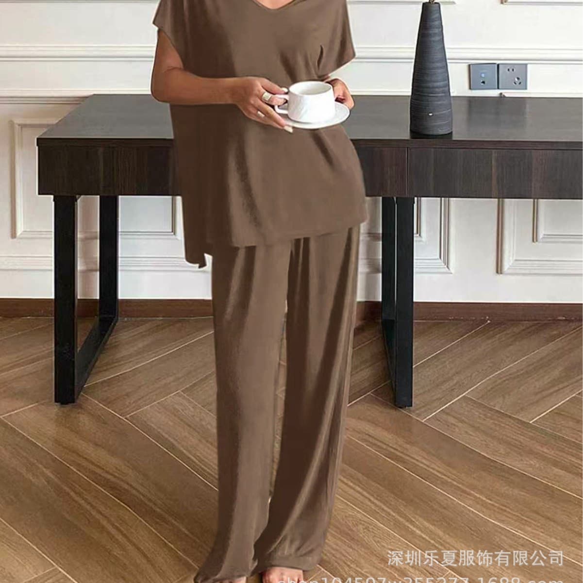 Cross-border Loungewear Set Fashionable Casual Short Sleeve V-Neck Top Wide Leg Pants Pajama Set Women's Homewear Set