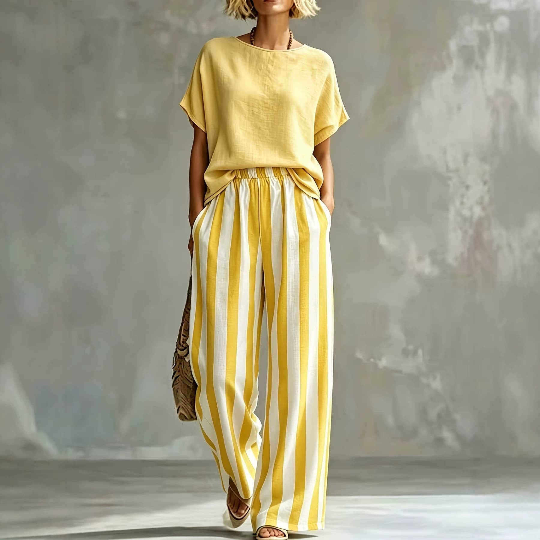 European and American cotton and linen solid color short-sleeved striped wide-leg pants two-piece set casual loose women's clothing cross-border spot wholesale