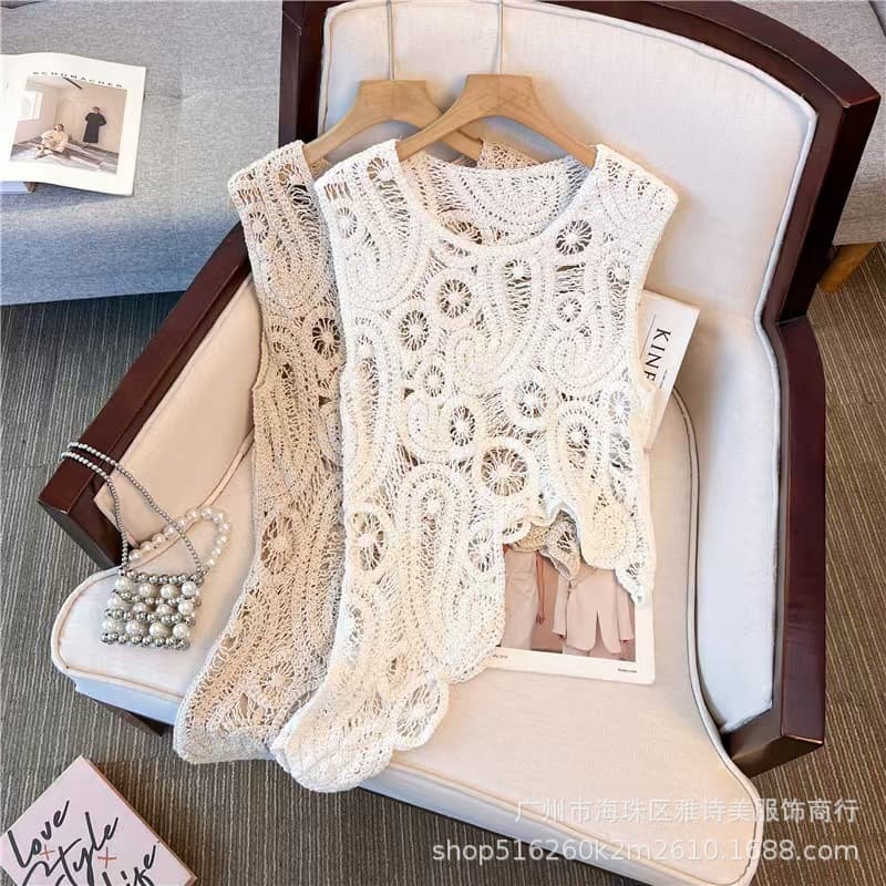Spring French Open-wear Hollow-out Blouse Niche Chic Beautiful Irregular Knitted Thin Sleeveless Top Trendy
