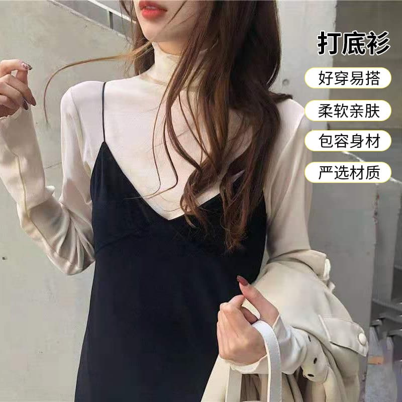 Solid Color Ruffle Base Layer Retro High Neck Inner Mesh Shirt Fairy Long-Sleeve Lace Base Layer for Women, Autumn/Winter