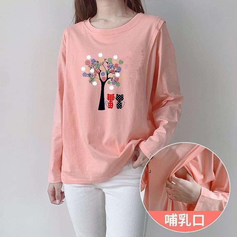 Nursing clothes, maternity wear, postpartum clothes, long-sleeved outerwear, loose T-shirts, autumn wear.