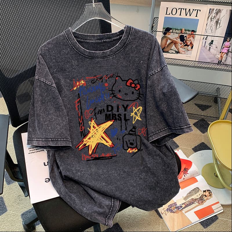 Heavy washed vintage short sleeve T-shirt for women, summer American streetwear top, 2026 new couple half sleeve tee
