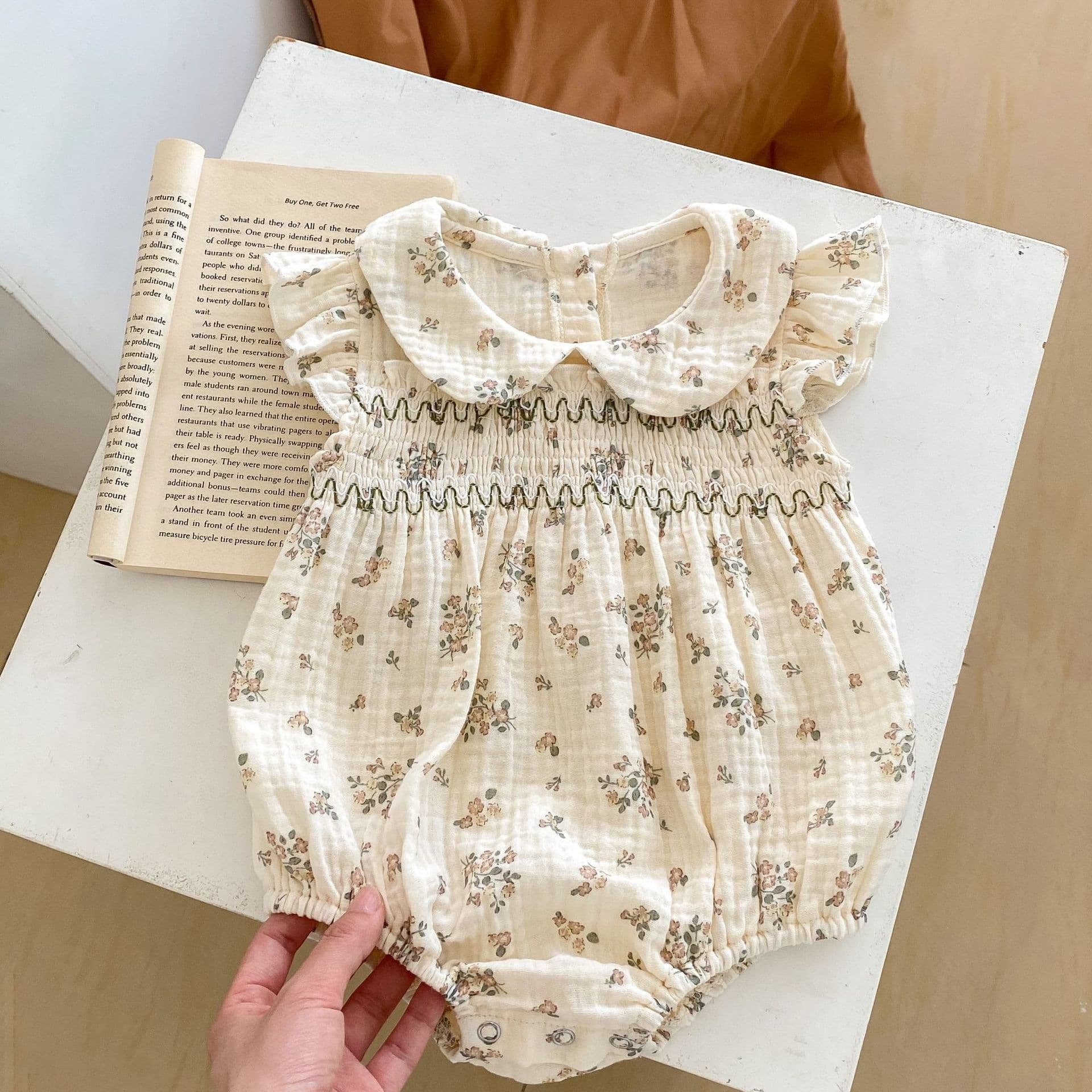 Summer Infant Baby Girls' Romper with Floral Print, Peter Pan Collar, Flutter Sleeves, and Snap Crotch Bodysuit