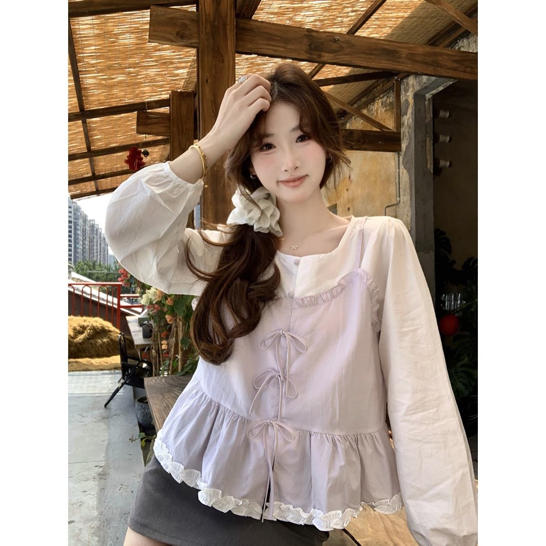 Korean sweet splicing fake two-piece shirt for women 2026 spring and summer design bow age-reducing top