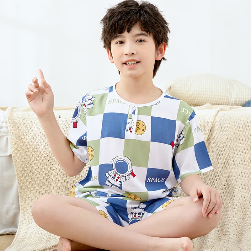 Summer Thin Short-Sleeve Kids Pajama Set, Cotton Silk Sleepwear for Boys and Girls, Air Conditioning Home Wear, Cotton Silk