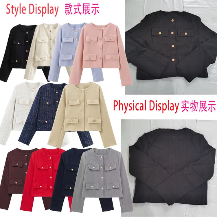 Cross-border Women's European and American Style Jacket Round Neck Long Sleeve Slim Fit Tweed Jacket Spring and Fall New Tweed Style