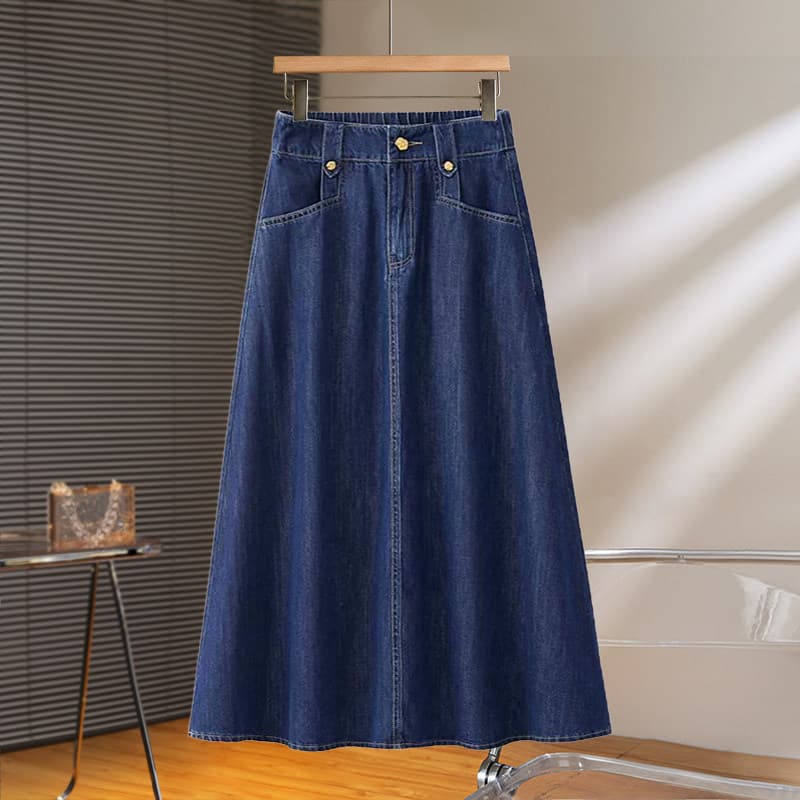 Very Nice Tencel Denim A-Line Skirt for Women Summer 2026 New Hepburn Style Elegant High Waist Midi Umbrella Skirt