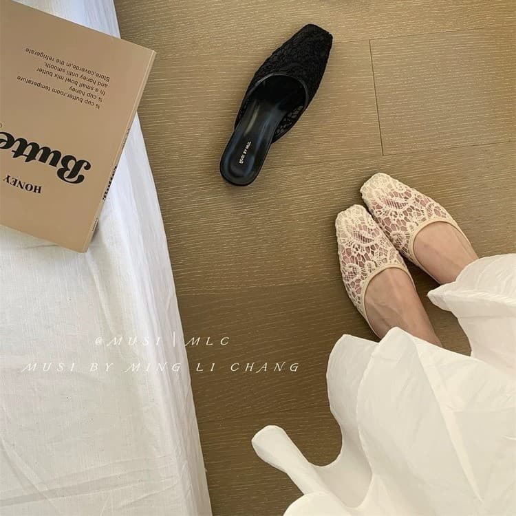 Elegant Square-Toe Soft High-Heel Mesh Flower Slippers for Women 2026 Spring New French-Style Closed-Toe Mules