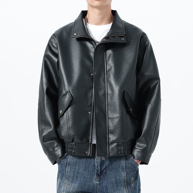 2025 Autumn/Winter New PU Leather Jacket Men Korean Loose Leather Trench Coat Stylish Zipper Stand Collar Casual Blazer