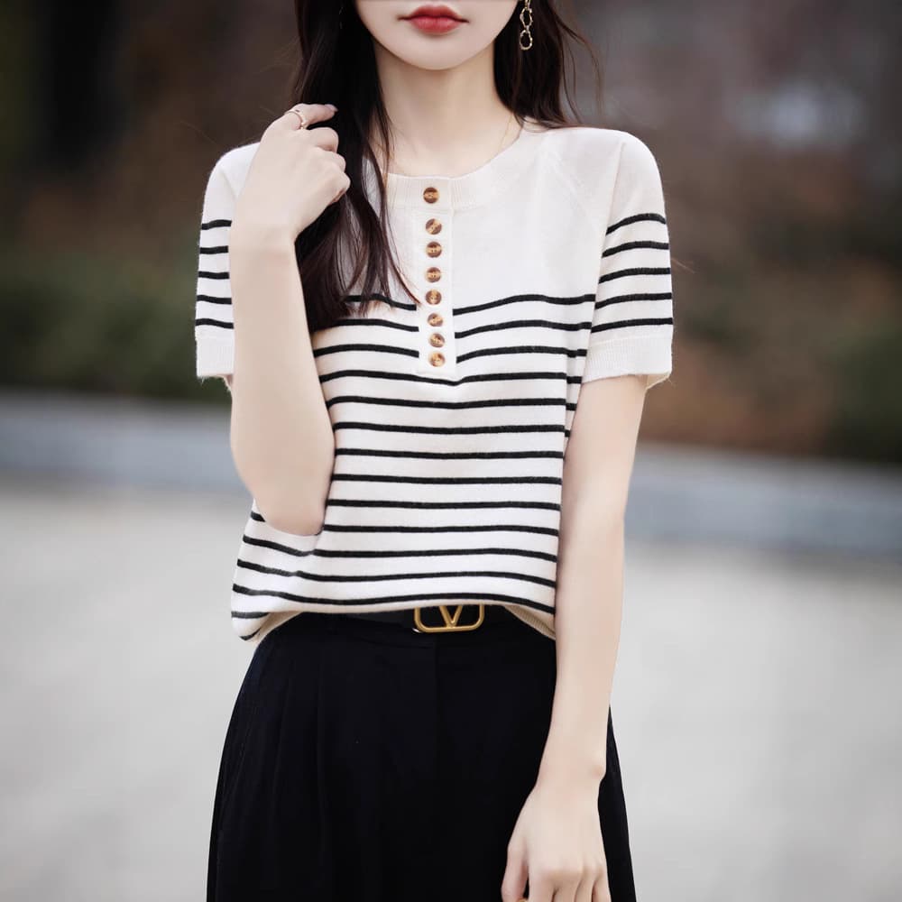 Wholesale Summer Fashion Korean Loose Striped Short Sleeve T-Shirt for Women, Contrast Color Half-Open Collar Knit Top