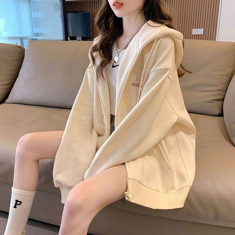Embroidered Pattern Hooded Sweatshirt Women's Cardigan Coat 2025 Spring/Autumn/Winter New Lazy Style Loose Long Sleeve Top