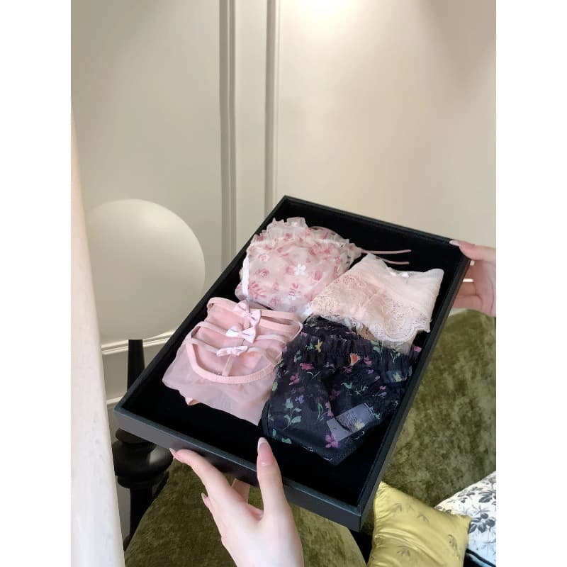 Floral Series~ French Sweet Pure Desire Atmosphere Bow Mesh Thin Cotton Gusset Sexy Lace Panties Women