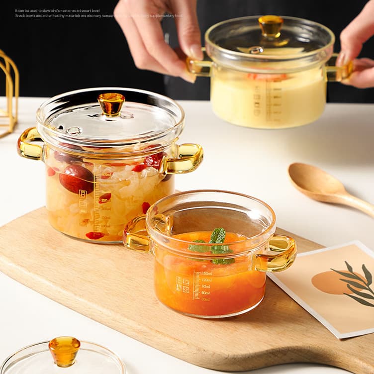 High Borosilicate Glass with Scale Double-handled Steaming Cup Home Steamed Egg Soup Pot Bowl Double Handle Children's Food Steaming Bowl