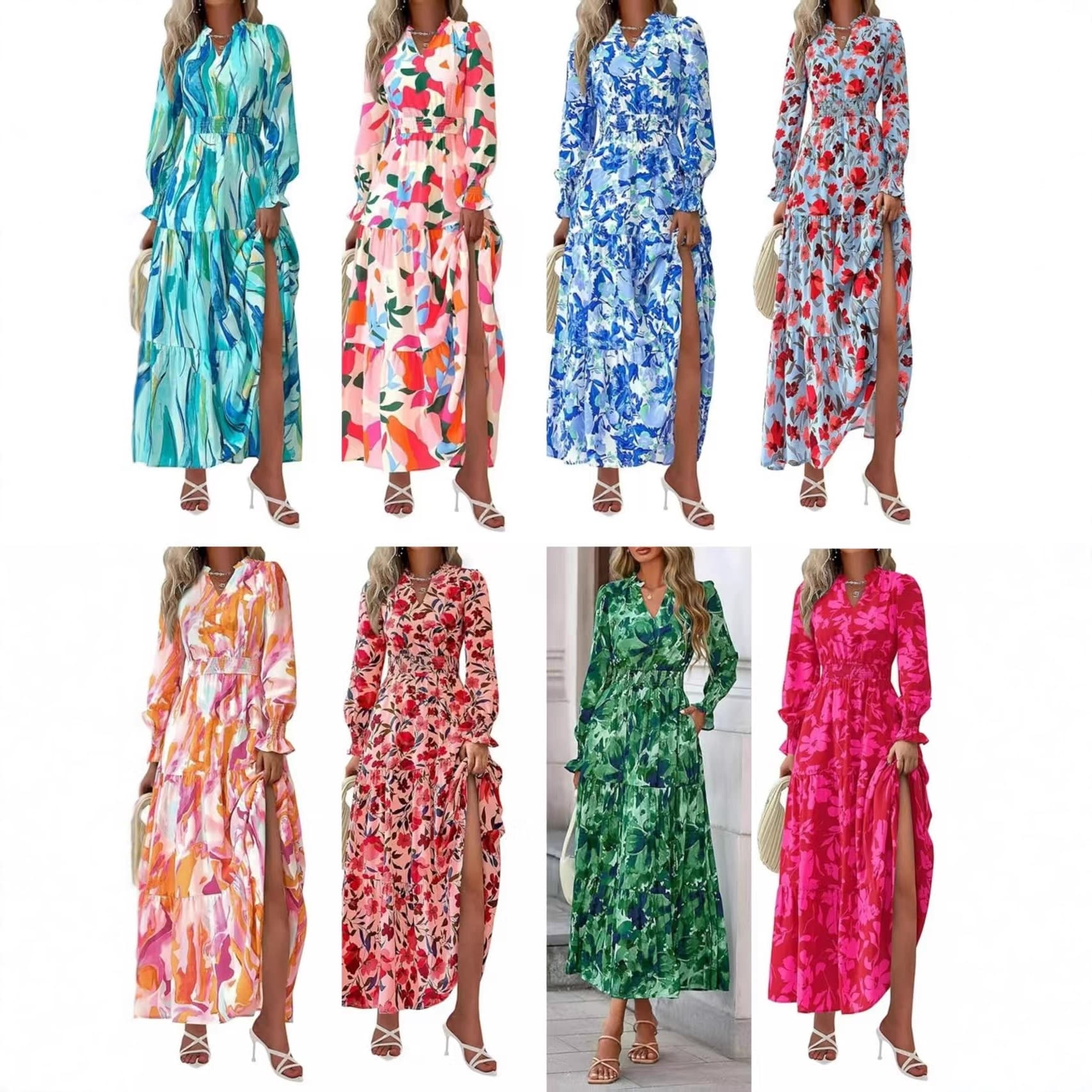European and American Cross-Border 2025 Amazon Foreign Trade Women's New Printed Casual V-Neck Long-Sleeve Waist-Cinching Flared Dress